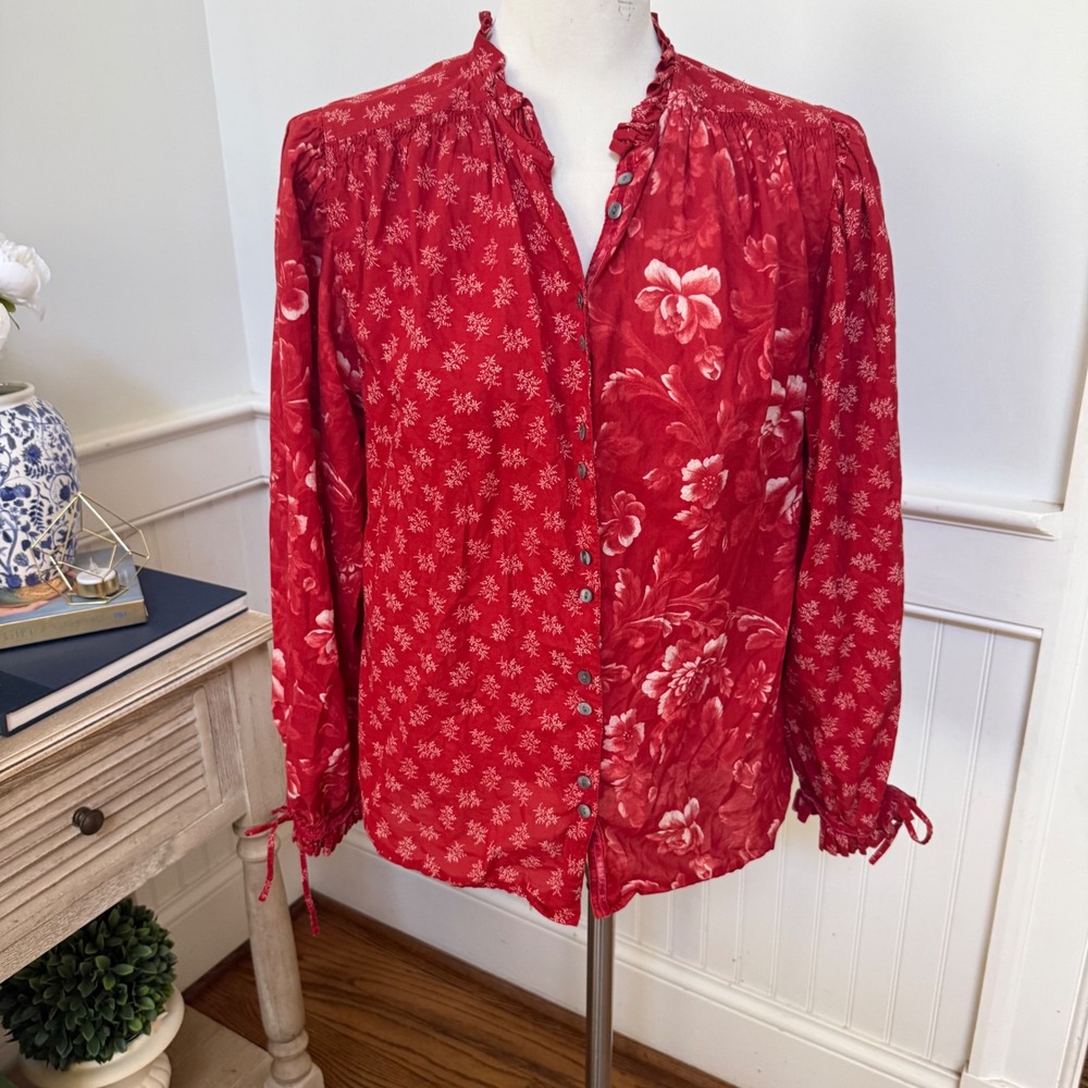 Sundance Red Mixed Floral Cotton Ruffle Neck‎ Button Front Blouse Tie Cuff Small